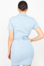 Load image into Gallery viewer, Belted Bodycon Collared Denim Dress