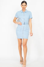 Load image into Gallery viewer, Belted Bodycon Collared Denim Dress