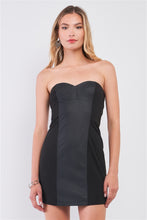 Load image into Gallery viewer, Black Sleeveless Strapless Faux Leather Insert Trim Sweetheart Neck Bodycon Mini Dres
