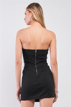 Load image into Gallery viewer, Black Sleeveless Strapless Faux Leather Insert Trim Sweetheart Neck Bodycon Mini Dres