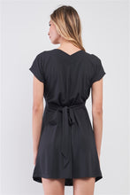 Load image into Gallery viewer, Dusty-navy V-neck Short Sleeve Front Rhombus Detail Back Tie Mini Dress