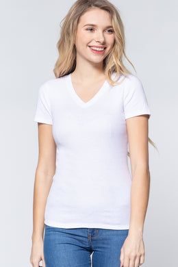 Short Sleeve V-neck Rib Top