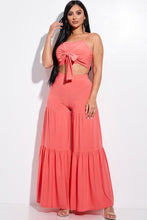 Load image into Gallery viewer, Solid Tie Front Spaghetti Strap Tank Top And Tiered Wide Leg Pants Two Piece Set