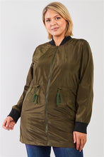 Load image into Gallery viewer, Plus Olive Drawstring Trim Zip-up Fitted Coach Rain Jacket