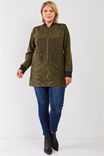 Load image into Gallery viewer, Plus Olive Drawstring Trim Zip-up Fitted Coach Rain Jacket