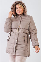 Load image into Gallery viewer, Plus Parallel Quilt Faux Fur Hood Belted Padded Long Puffer Jacket