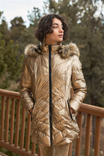 Load image into Gallery viewer, Vinyl Glossy Finish Fitted Faux Fur Hood Chevron Padded Puffer Jacket