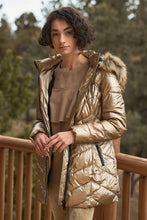 Load image into Gallery viewer, Vinyl Glossy Finish Fitted Faux Fur Hood Chevron Padded Puffer Jacket