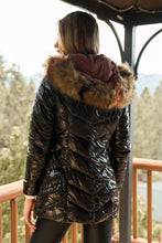 Load image into Gallery viewer, Black Vinyl Glossy Finish Fitted Faux Fur Hood Chevron Padded Puffer Jacket