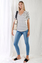 Load image into Gallery viewer, Cream &amp; Grey Striped V-neck With Vegan Leather Detail Short Roll Up Sleeve Relaxed Fit Top