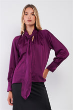 Load image into Gallery viewer, Violet Satin Long Sleeve Tie-neck Blouse Top