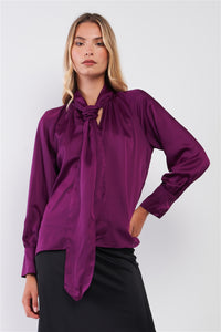 Violet Satin Long Sleeve Tie-neck Blouse Top