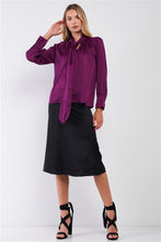 Load image into Gallery viewer, Violet Satin Long Sleeve Tie-neck Blouse Top