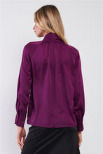 Load image into Gallery viewer, Violet Satin Long Sleeve Tie-neck Blouse Top