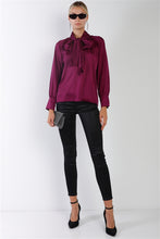 Load image into Gallery viewer, Violet Satin Long Sleeve Tie-neck Blouse Top