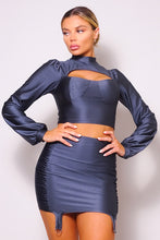 Load image into Gallery viewer, Puff Long Sleeve Front Cutout Turtleneck Blouse &amp; Side Ruched Garter Mini Skirt Set