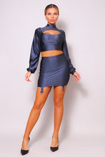 Load image into Gallery viewer, Puff Long Sleeve Front Cutout Turtleneck Blouse &amp; Side Ruched Garter Mini Skirt Set