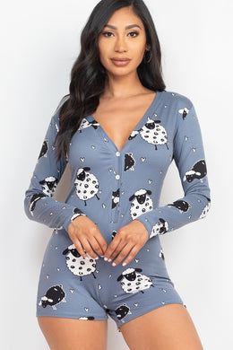 Sheep Print V-neck Button Romper