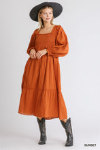 Load image into Gallery viewer, Ruffle Cuffed Long Sleeve Square Neckline Smocked Peasant Midi Dress