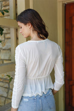 Load image into Gallery viewer, Mesh Wrap V-neck Flare Hem Ruched Long Sleeve Top