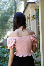 Load image into Gallery viewer, Textured Ruched Detail Smocked Back Short Balloon Sleeve Crop Top