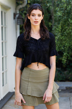 Load image into Gallery viewer, Embroidered Flare Trim Self-tie Detail Collared Crop Top