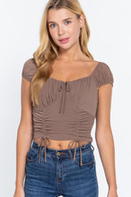 Load image into Gallery viewer, Short Sleeve Front Tie Ruched Detail Woven Top