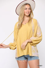 Load image into Gallery viewer, Solid Crinkle And Print Mix Raglan Sleeve Top With Tassel Tie