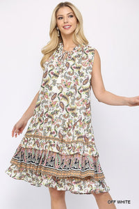 Paisley Print And Drop Down Sleeveless Dress With Ruffle Tiered And Tassel Tie