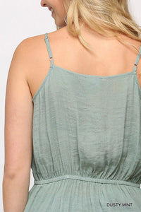 Solid Textured And Button Detail Ruffle Cami Top With Elastic Waist And Drawstring