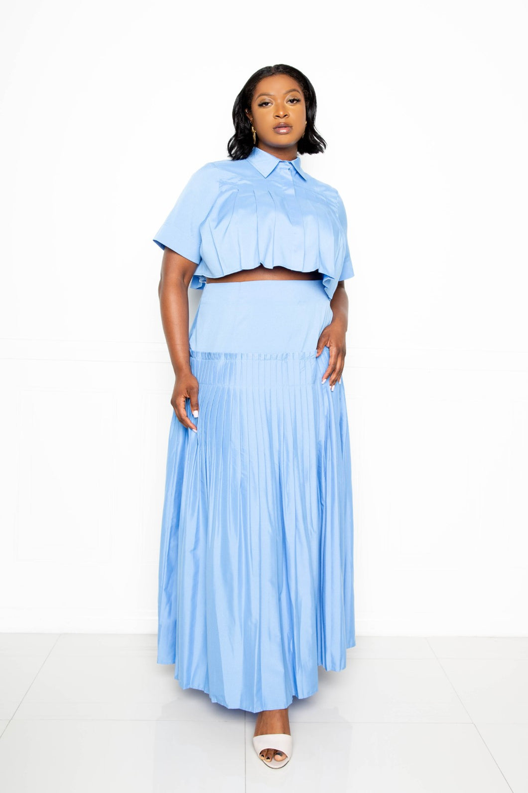 Pleated Cropped Shirt And Maxi Skirt Set