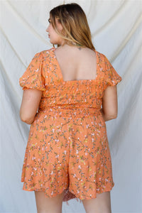 Plus Apricot Floral Print Smocked Puff Short Sleeve Romper