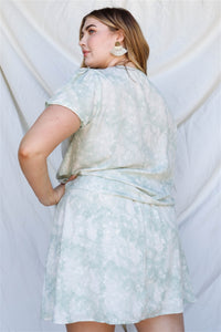Plus Sage Tie-dye Floral Print Ruched Top & Mini Skirt Set