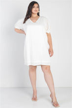 Load image into Gallery viewer, Plus White Bow Detail Short Sleeve V-neck Mini Dress