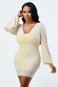 Lux Mesh Layered Lining V Neck Bubble Slv Bodycon Dress