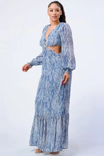 Load image into Gallery viewer, Printed V Neck Self Belted Side Cut Out Ruffled Maxi Dress