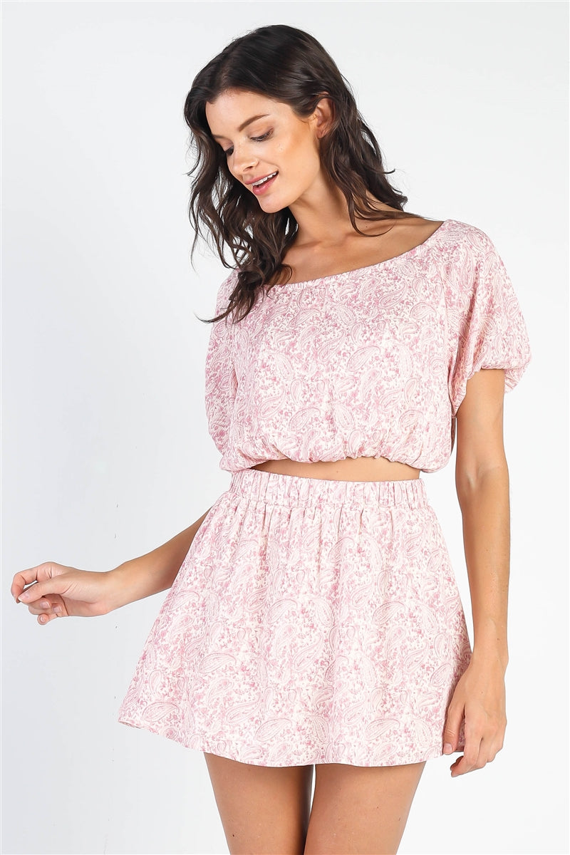 Cream & Pink Paisley Print Textured Crop Top & Mini Skirt Set