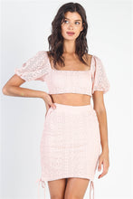 Load image into Gallery viewer, Blush Crochet Crop Top &amp; Side Ruched Tie Detail Mini Skirt Set