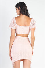 Load image into Gallery viewer, Blush Crochet Crop Top &amp; Side Ruched Tie Detail Mini Skirt Set
