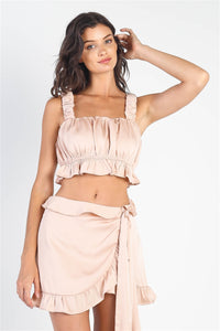 Dusty Peach Satin Effect Ruched Bust Top & Wrap Mini Skirt Set