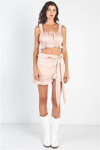 Load image into Gallery viewer, Dusty Peach Satin Effect Ruched Bust Top &amp; Wrap Mini Skirt Set