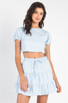 Light Blue & White Plaid Crop Top & High Waist Flare Skirt Set