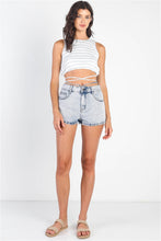 Load image into Gallery viewer, White Light Blue Striped Self-tie Detail Sleeveless Crop Top