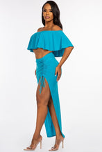 Load image into Gallery viewer, Solid Ity Off The Shoulder Ruffled Cropped Top And Ruched Maxi Skirt Two Piece Set