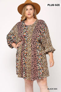 Print Mixed Dolman Sleeve Dress With Side Pockets
