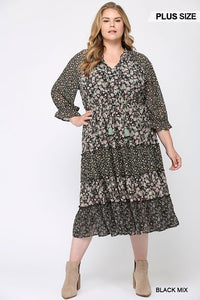 Floral Print Mixed And Tiered Chiffon Dress With Full Lining