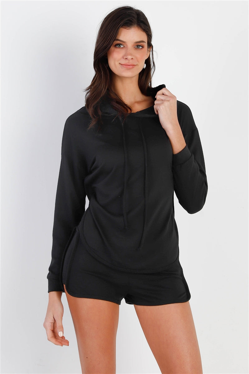 Black Racer Back Detail Long Sleeve Hooded Top & Short Set