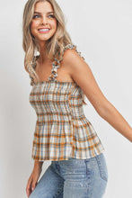 Load image into Gallery viewer, Ruffle Strap Smocked Peplum Plaid