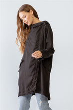 Load image into Gallery viewer, Black Asymmetrical Draped Zip Up Wide Lapel Collar Hooded Jacket