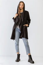 Load image into Gallery viewer, Black Asymmetrical Draped Zip Up Wide Lapel Collar Hooded Jacket